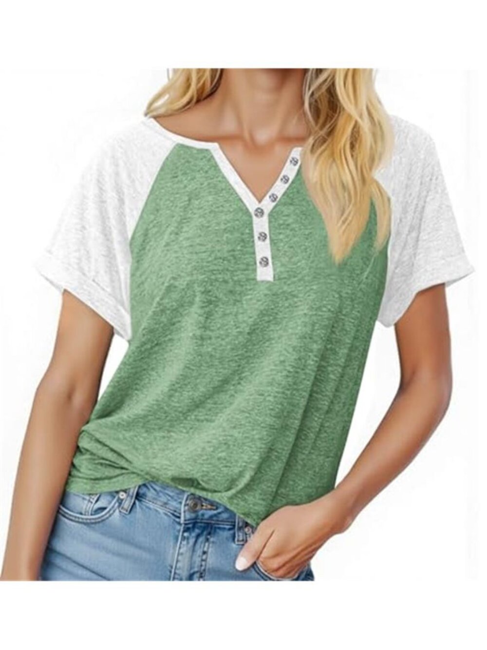 Color Block Henley Top V Neck Short Sleeve Tunic Casual Cotton Blend T Shirt